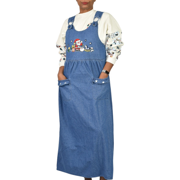 Vintage Christmas Dress Blue Jean Pinafore Bib Overall Jumper Santa Maxi Small - Picture 1 of 13